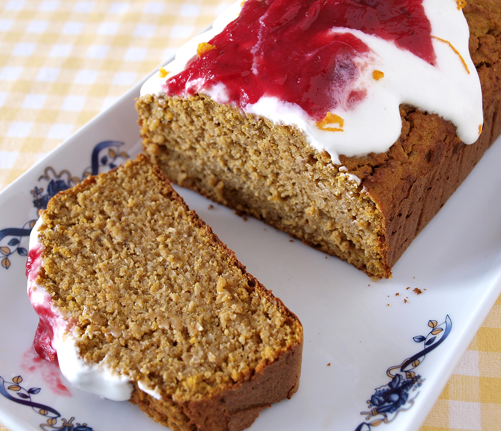 Best Pumpkin Bread Loaf with frosting and cranberries Slice